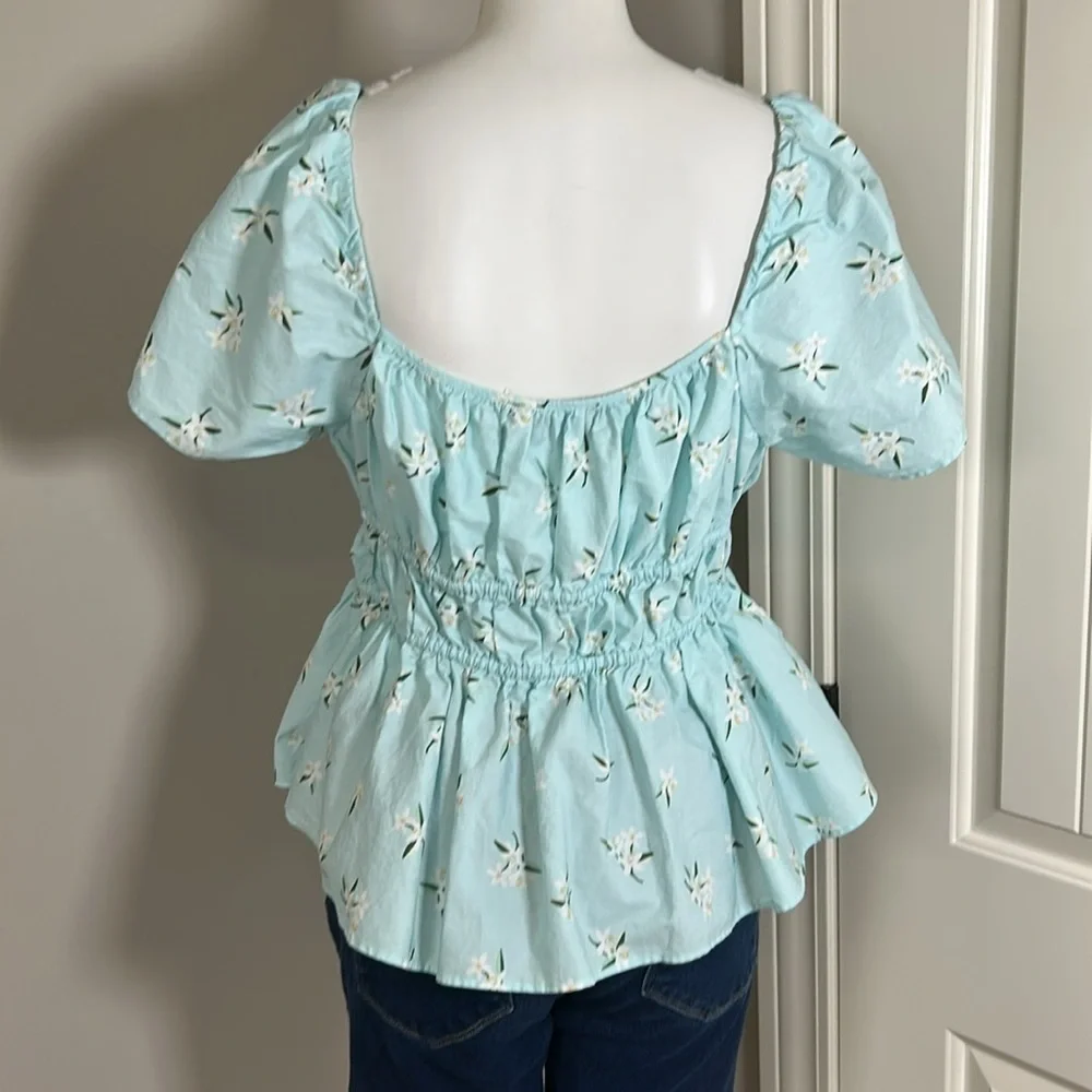 Kate Spade Whimsy Floral Puff sleeve Top Aqua White Flowers Shirt Ties Sz XL